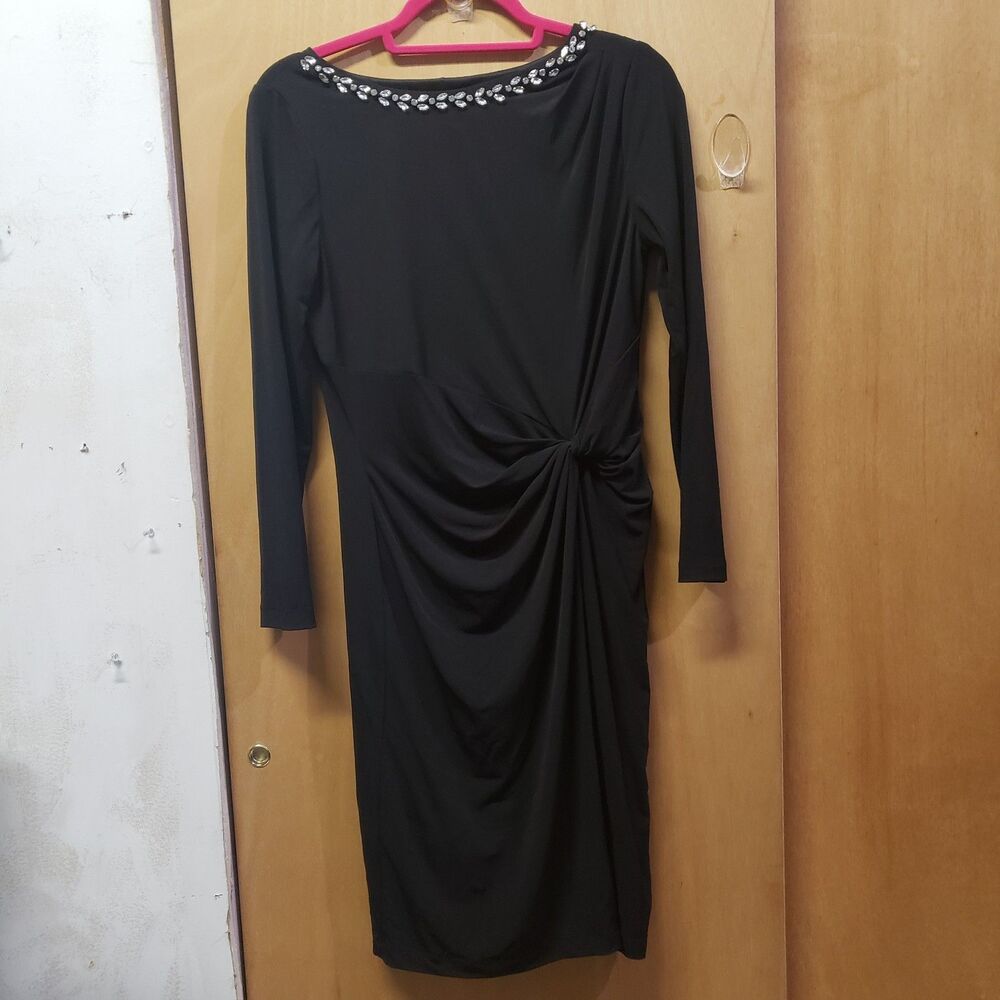 Ellen Tracy black jersey cocktail dress Sz 4 boatneck embellished w clear stones